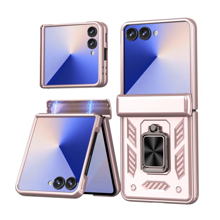 Funda con bisagra y ventana deslizante para Samsung Galaxy Z Flip7 5G con soporte de aro (oro rosa)