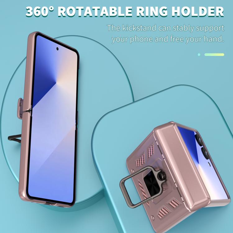 Funda con bisagra y ventana deslizante para Samsung Galaxy Z Flip7 5G con soporte de aro (oro rosa)
