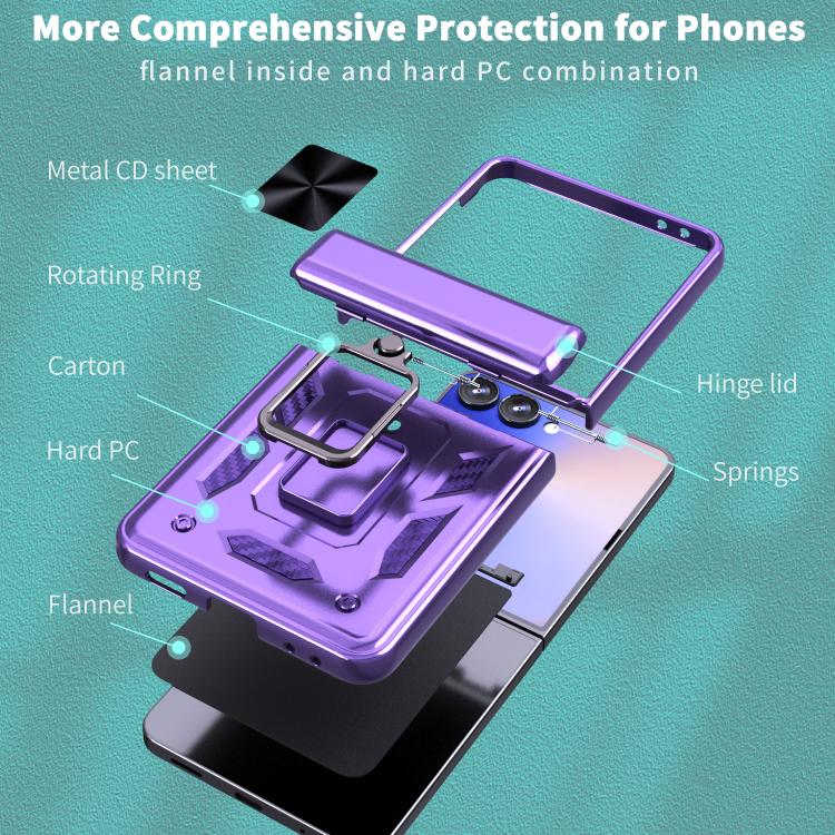 Funda con bisagra y ventana deslizante para Samsung Galaxy Z Flip7 5G con soporte de aro (morado)