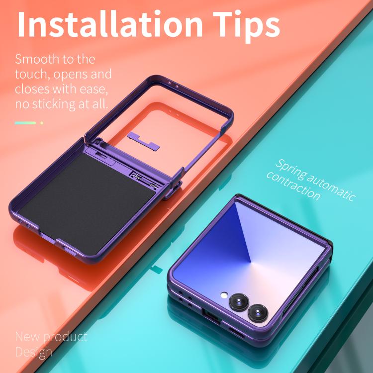 Funda con bisagra y ventana deslizante para Samsung Galaxy Z Flip7 5G con soporte de aro (morado)