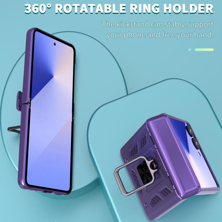 Funda con bisagra y ventana deslizante para Samsung Galaxy Z Flip7 5G con soporte de aro (morado)