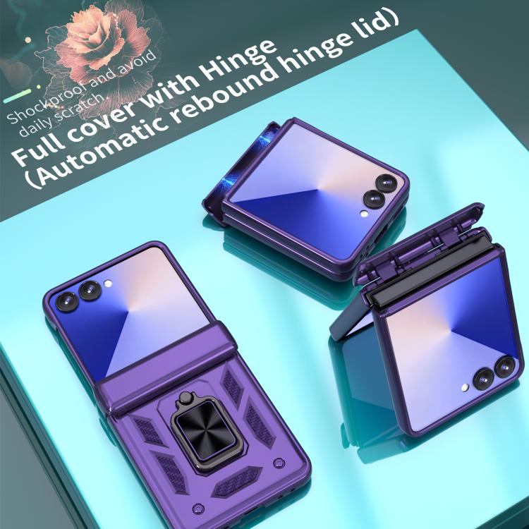 Funda con bisagra y ventana deslizante para Samsung Galaxy Z Flip7 5G con soporte de aro (morado)