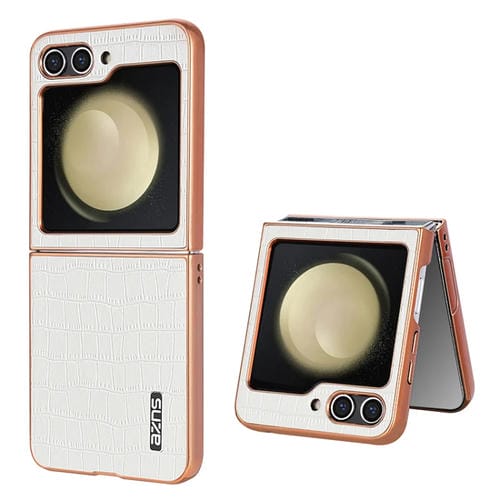 Estuche para Teléfono Samsung Galaxy Z Flip5 Azns Textura de Cocodrilo con Marco Galvanizado (Blanco)