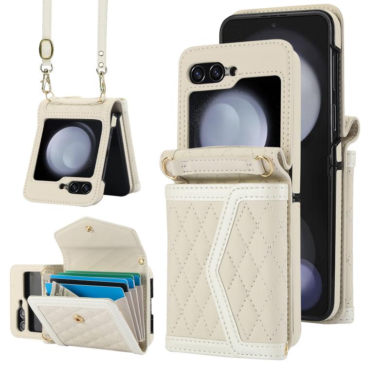 Funda con textura rómbica para Samsung Galaxy Z Flip7 5G, con cordón largo y corto (no incluye bolígrafo) (beige)