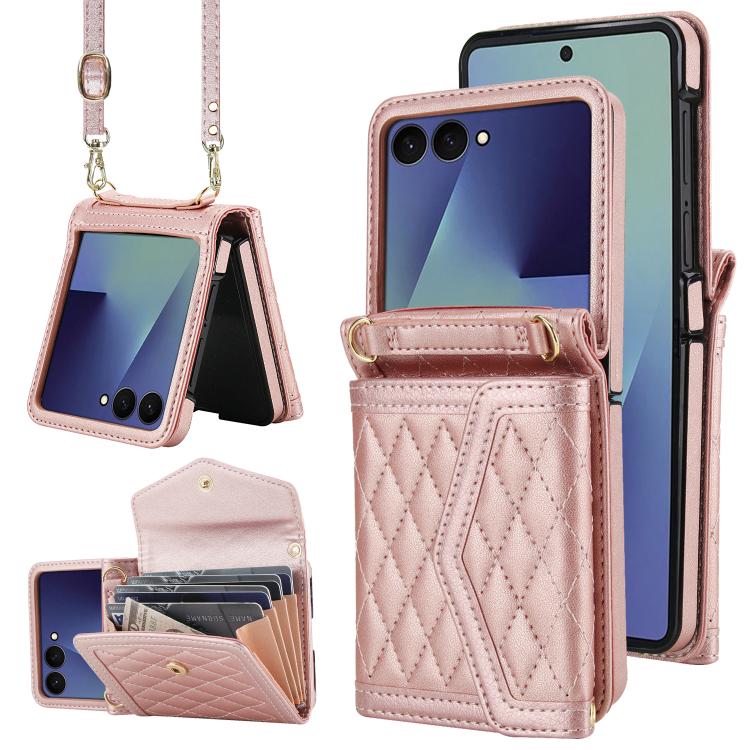 Funda para Samsung Galaxy Z Flip7 5G con textura rómbica, cordón largo y corto (no incluye bolígrafo) (oro rosa)