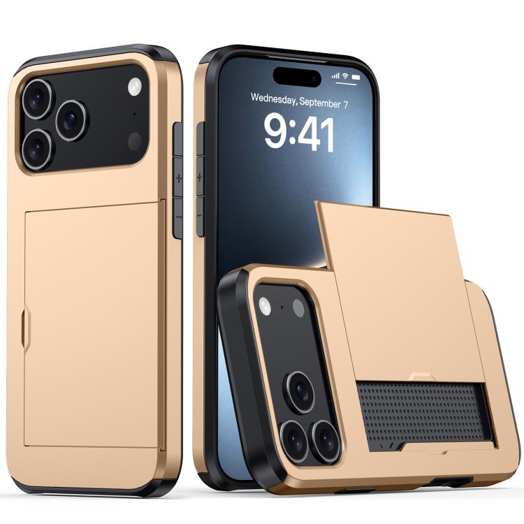 Funda protectora a prueba de golpes para iPhone 17 Pro con ranura para tarjetas (dorada)