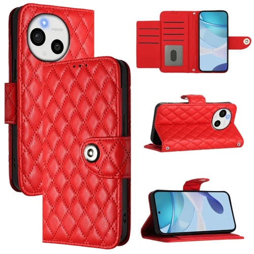 Funda de Cuero con Tapa y Textura Rombal para Sharp Aquos Sense9 con Cordón (Rojo)