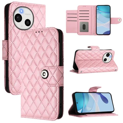 Funda de Cuero con Tapa para Sharp Aquos Sense9 con Textura Rombal y Cordón (Rosa)