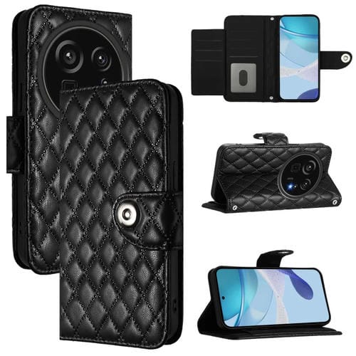 Funda de Cuero con Tapa y Textura Rombal para Sharp Aquos R9 Pro con Cordón (Negro)