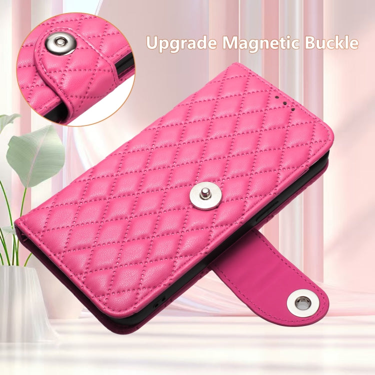 Funda de Cuero con Tapa y Textura Rombal para Sharp Aquos R9 Pro con Cordón (Rosa y Rojo)