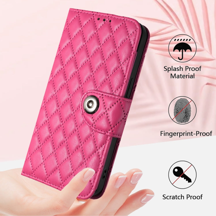 Funda de Cuero con Tapa y Textura Rombal para Sharp Aquos R9 Pro con Cordón (Rosa y Rojo)