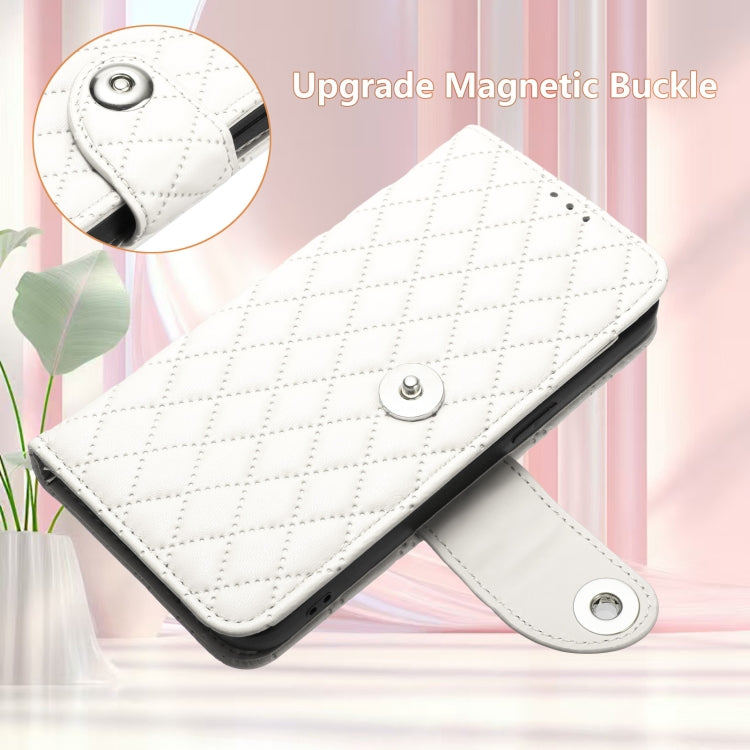 Funda de Cuero con Tapa y Textura Rombal para Sharp Aquos R9 Pro con Cordón (Blanco)