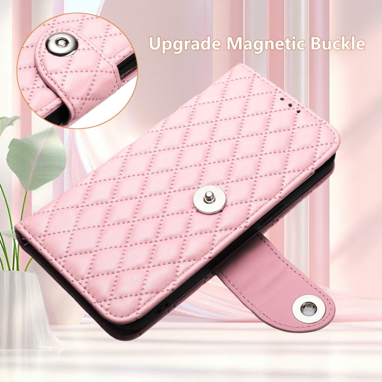 Funda de Cuero con Tapa y Textura Rombal para Sharp Aquos Sense9 Plus con Cordón (Rosa)