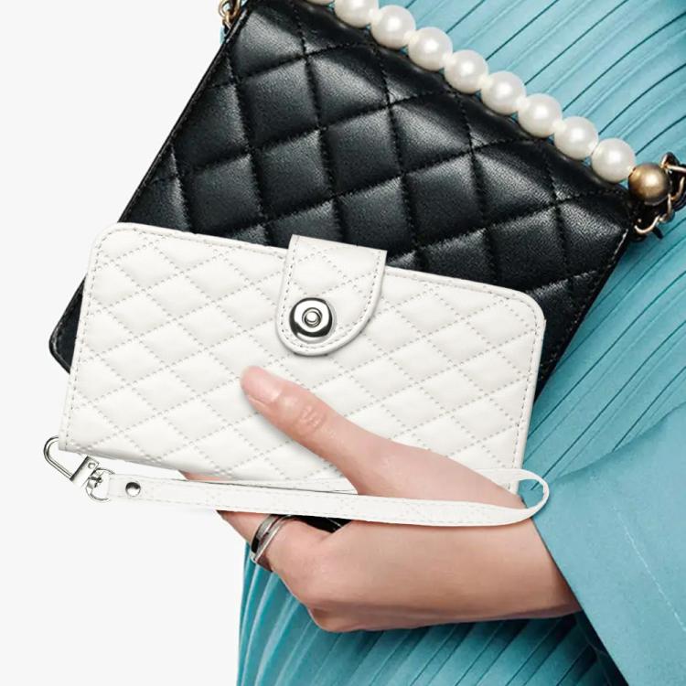Funda de Cuero con Tapa y Textura Rómbica para Sharp Basio Active 3 con Cordón (Blanco)