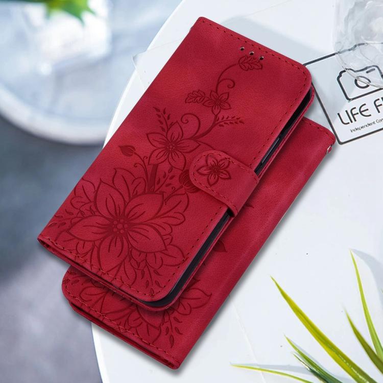 Funda de piel con relieve de lirio para Redmi A5 4G (171,7 mm, roja)