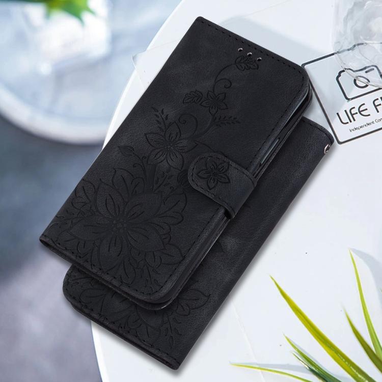 Funda de piel con relieve de lirio para Redmi A5 4G (171,7 mm, negra)