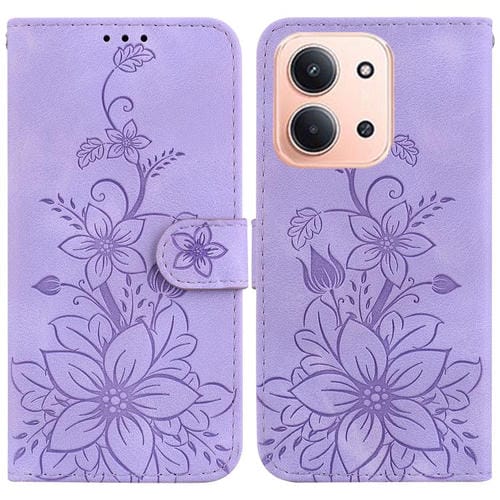 Funda de piel con relieve de lirio para Redmi 15C 4G (173,1 mm) / Redmi 15C 5G (173,1 mm) (morado)
