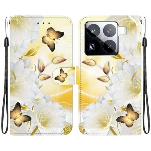 Funda De Cuero Con Dibujo De Colores Y Textura De Cristal Para Xiaomi 15 Pro (Mariposa Dorada Epiphyllum)