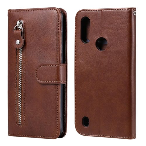 Para Motorola Moto E6s (2020) Estuche de cuero con tapa horizontal con cremallera y textura de becerro con soporte, ranuras para tarjetas y función de billetera (marrón)