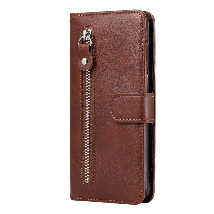 Para Motorola Moto E6s (2020) Estuche de cuero con tapa horizontal con cremallera y textura de becerro con soporte, ranuras para tarjetas y función de billetera (marrón)