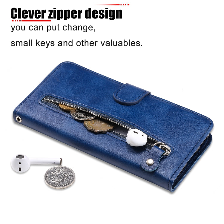 Para Motorola Moto G8 Power Lite Fashion Becerro Textura Cremallera Funda de cuero con tapa horizontal con soporte y ranuras para tarjetas y función de billetera (Azul)