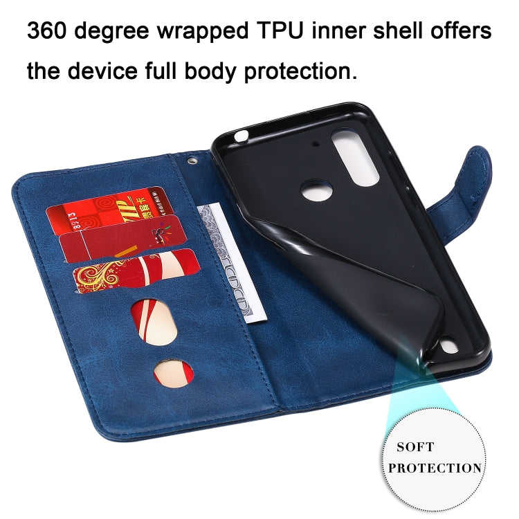 Para Motorola Moto G8 Power Lite Fashion Becerro Textura Cremallera Funda de cuero con tapa horizontal con soporte y ranuras para tarjetas y función de billetera (Azul)