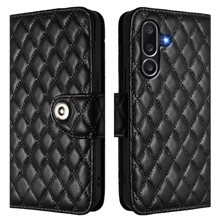 Funda de cuero con textura rómbica y cordón para Samsung Galaxy M56 5G (negra)