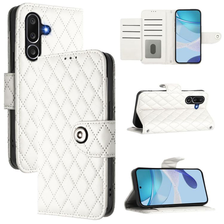 Funda de cuero con textura rómbica y cordón para Samsung Galaxy M56 5G (blanca)