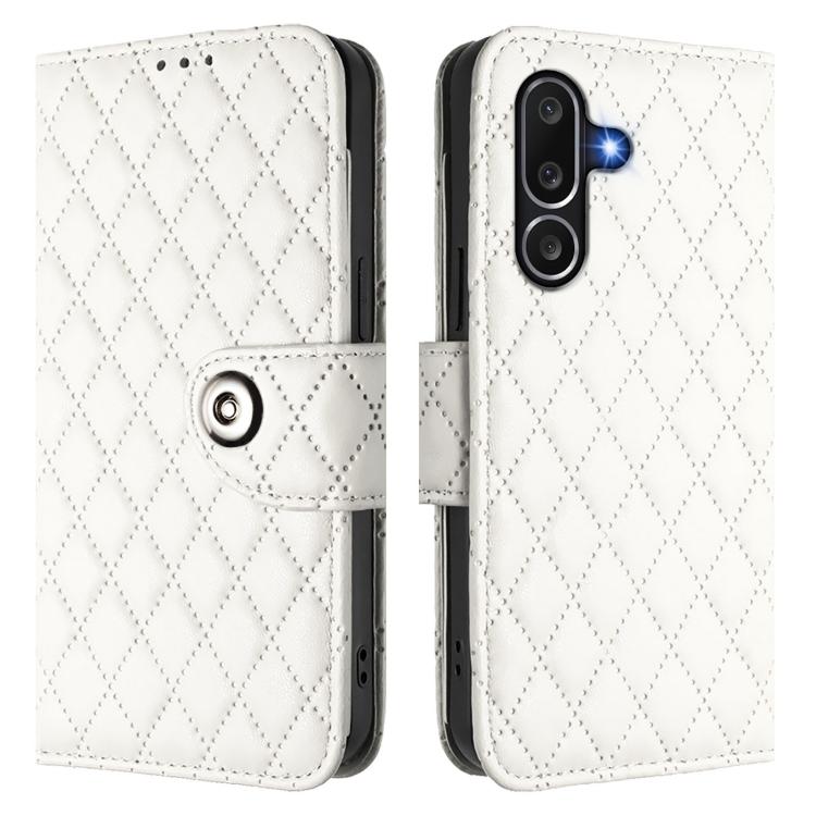 Funda de cuero con textura rómbica y cordón para Samsung Galaxy M56 5G (blanca)