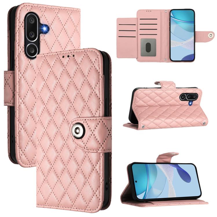 Funda de cuero con textura rómbica y cordón para Samsung Galaxy M56 5G (rosa coral)
