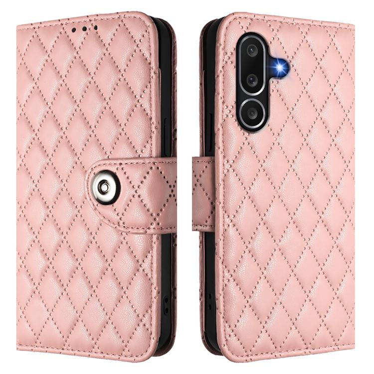Funda de cuero con textura rómbica y cordón para Samsung Galaxy M56 5G (rosa coral)