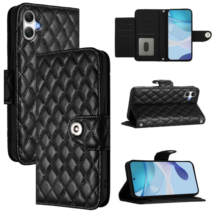 Funda de cuero con textura rómbica y cordón para Samsung Galaxy A07 4G (negra)