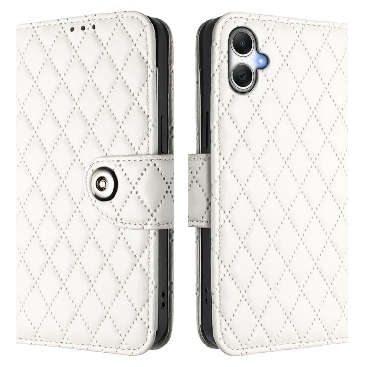 Funda de cuero con textura rómbica y cordón para Samsung Galaxy A07 4G (blanca)