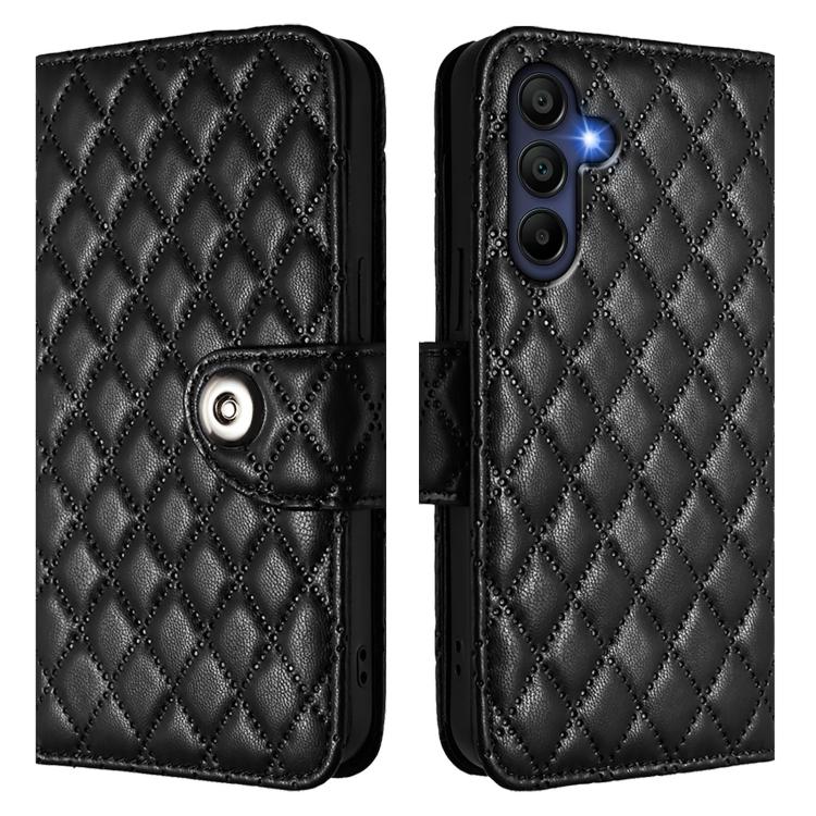 Funda de cuero con textura rómbica y cordón para Samsung Galaxy A17 5G (negra)