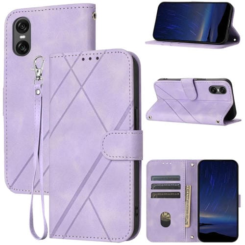 Funda de Cuero para Sony Xperia 10 Vi con Línea en Relieve y Cordón (Morado)