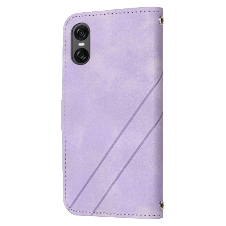 Funda de Cuero para Sony Xperia 10 Vi con Línea en Relieve y Cordón (Morado)