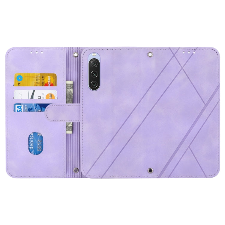 Funda de Cuero para Sony Xperia 1 Vi con Línea En Relieve y Cordón (Púrpura)