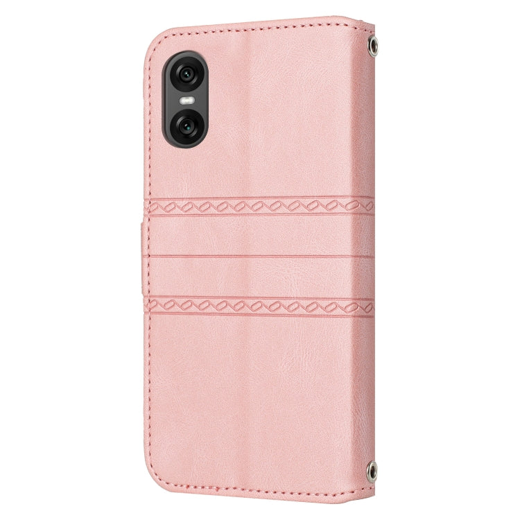 Funda de Cuero para Sony Xperia 10 Vi con Sensación de Piel y Rayas en Relieve (Rosa)