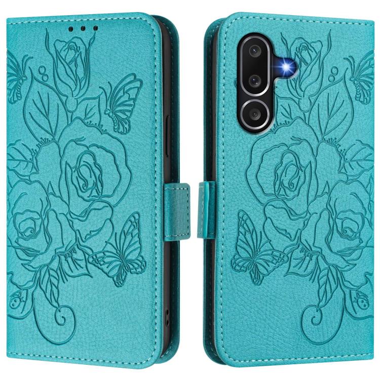 Funda de cuero antirrobo RFID con relieve rosa para Samsung Galaxy M56 5G (azul claro)