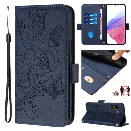 Funda de cuero antirrobo RFID con relieve rosa para Samsung Galaxy M56 5G (azul oscuro)