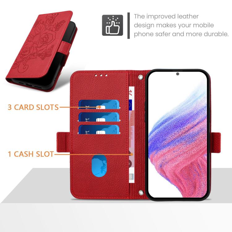 Funda de cuero antirrobo RFID con relieve rosa para Samsung Galaxy XCover7 Pro (roja)
