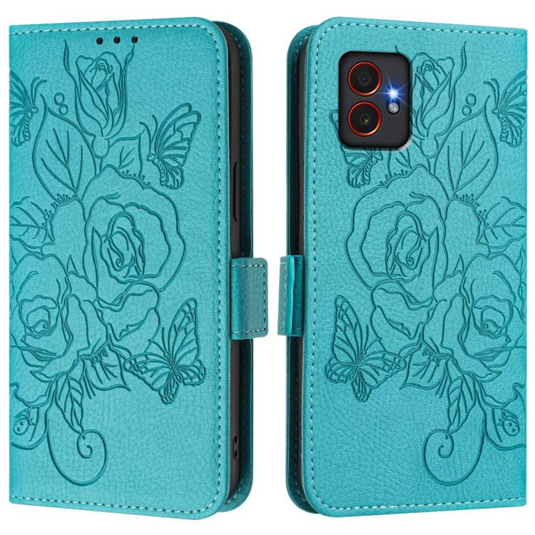 Funda de cuero antirrobo RFID con relieve rosa para Samsung Galaxy XCover7 Pro (azul claro)