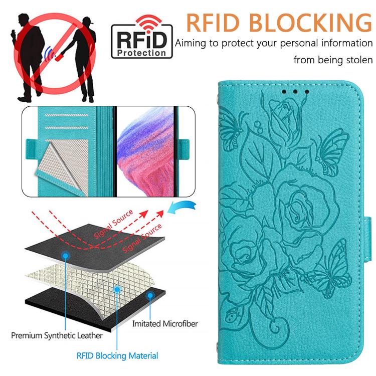 Funda de cuero antirrobo RFID con relieve rosa para Samsung Galaxy XCover7 Pro (azul claro)