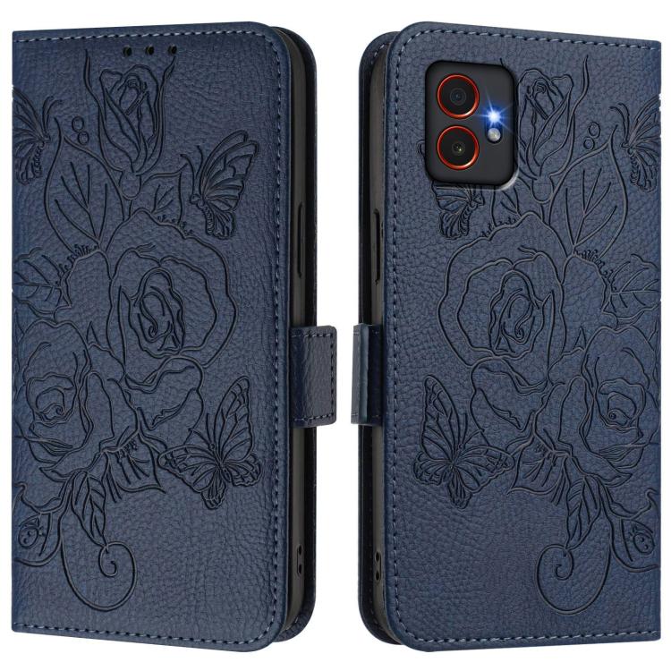 Funda de cuero antirrobo RFID con relieve rosa para Samsung Galaxy XCover7 Pro (azul oscuro)