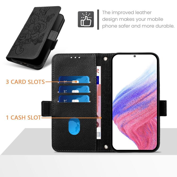 Funda de cuero antirrobo RFID con relieve rosa para Samsung Galaxy XCover7 Pro (negra)