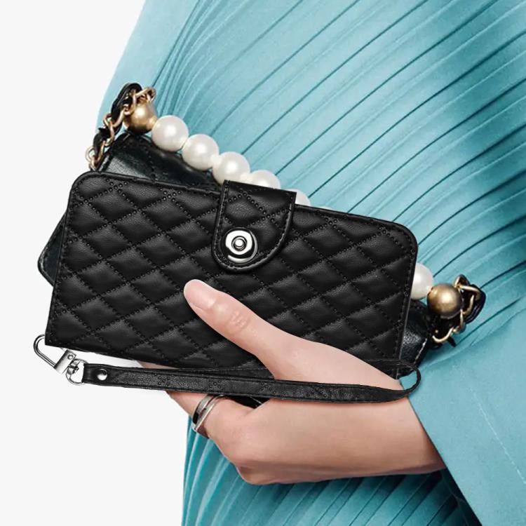 Funda de Cuero con Tapa y Textura Rombal para Huawei Nova 13 Pro con Cordón (Negro)