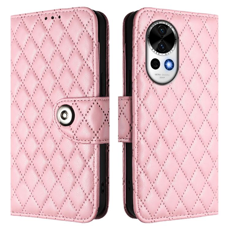 Funda de Cuero con Tapa y Textura Rómbica para Huawei Nova 13/Nova 12 con Cordón (Rosa)