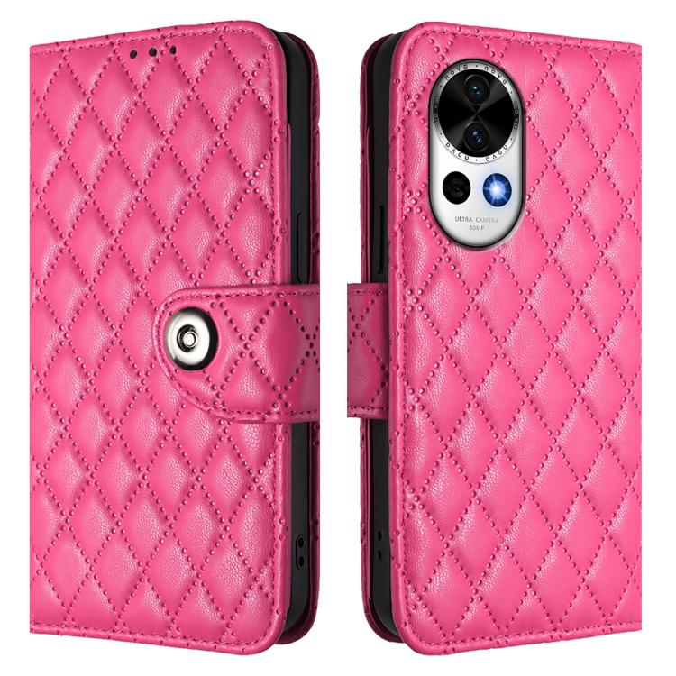 Funda de Cuero con Tapa y Textura Rómbica para Huawei Nova 13 y Nova 12 con Cordón (Rosa y Rojo)