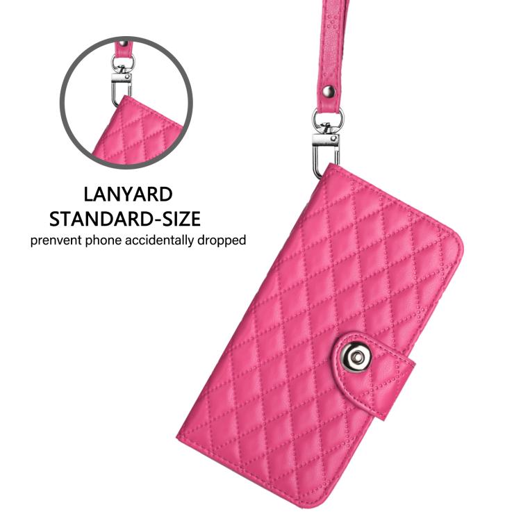 Funda de Cuero con Tapa y Textura Rómbica para Huawei Nova 13 y Nova 12 con Cordón (Rosa y Rojo)