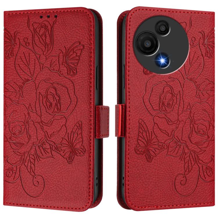 Funda de cuero antirrobo RFID con relieve rosa para TCL 605/60 SE (roja)